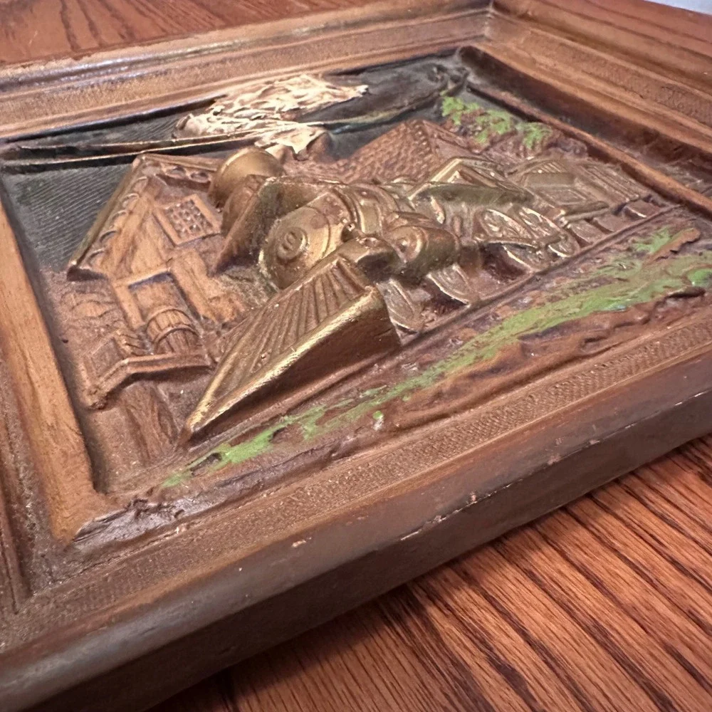 Vintage PRR Steam Train 3D Relief Wall Art Plaque Brown Gold 11x9‎ Railroad